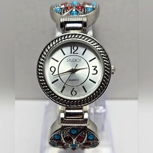 Womens Studio Time Southwestern Watch 29mm Red Blue Stones Cuff Band New Battery
